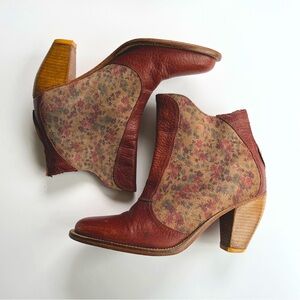 J shoes Brown Floral Leather Ankle Boots Western Booties Size 38.5 / 8 Anthro